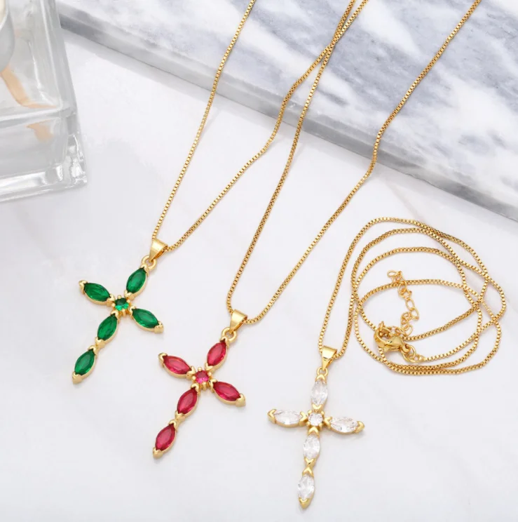 Fashion 18K Gold CZ diamond Cubic Zirconia cross Pendant Necklaces jewelry gift for lady