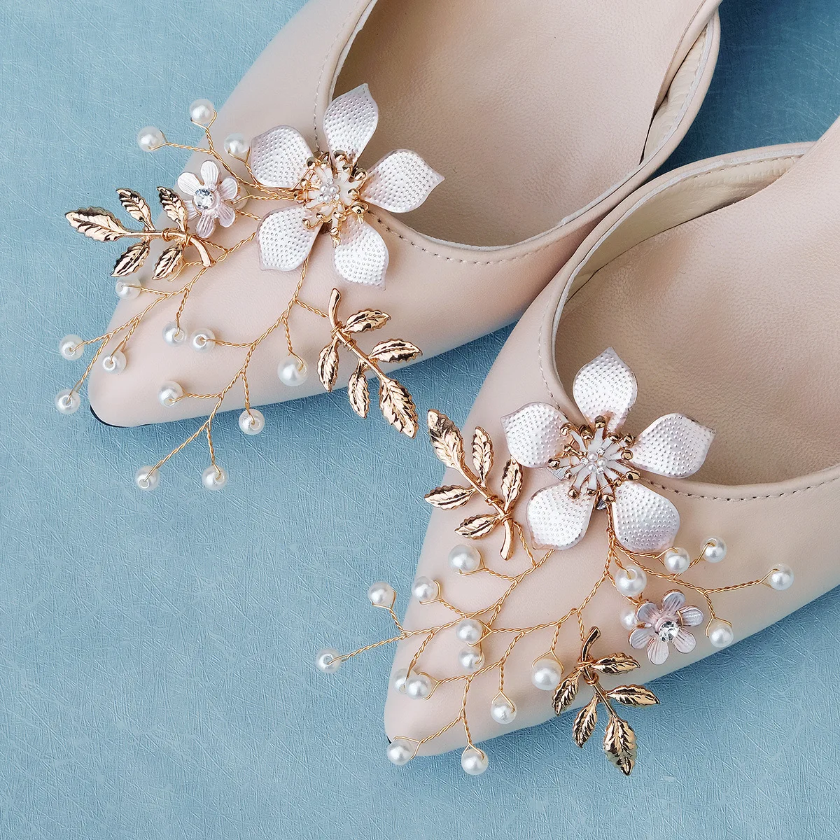 AW Bridal footwear Handwoven Leave Flower shoes Flower Fairy High Heel accessories Removable shoe clips crystal buckle for women