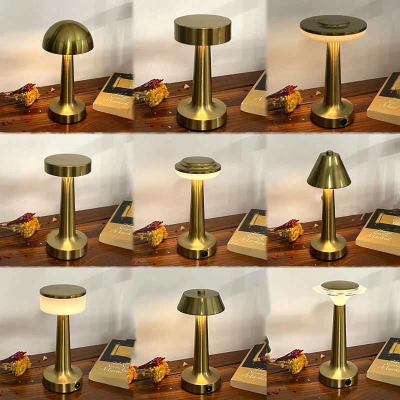 Dinner Desk Touch USB Charging Cordless Decorative Bedside LED Night Light Retro Hotel Bar Restaurant Metal Mushroom Table Lamp