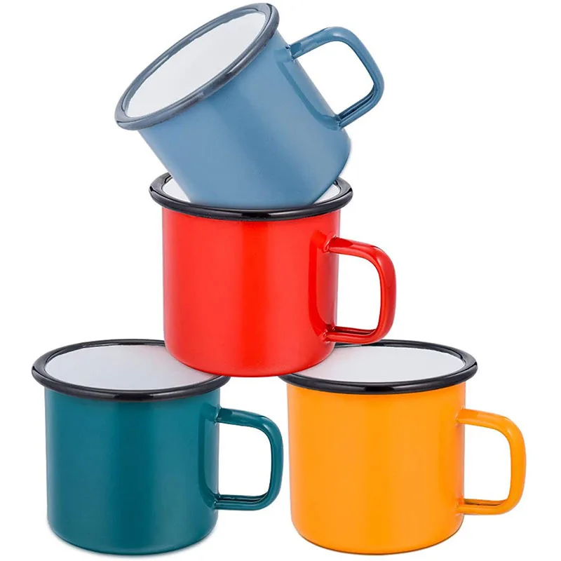 GZYSL RTS Custom logo colorful Retro Souvenir Enamel Coffee Cup Enamelled Travel Camping Mugs with black or metal rim