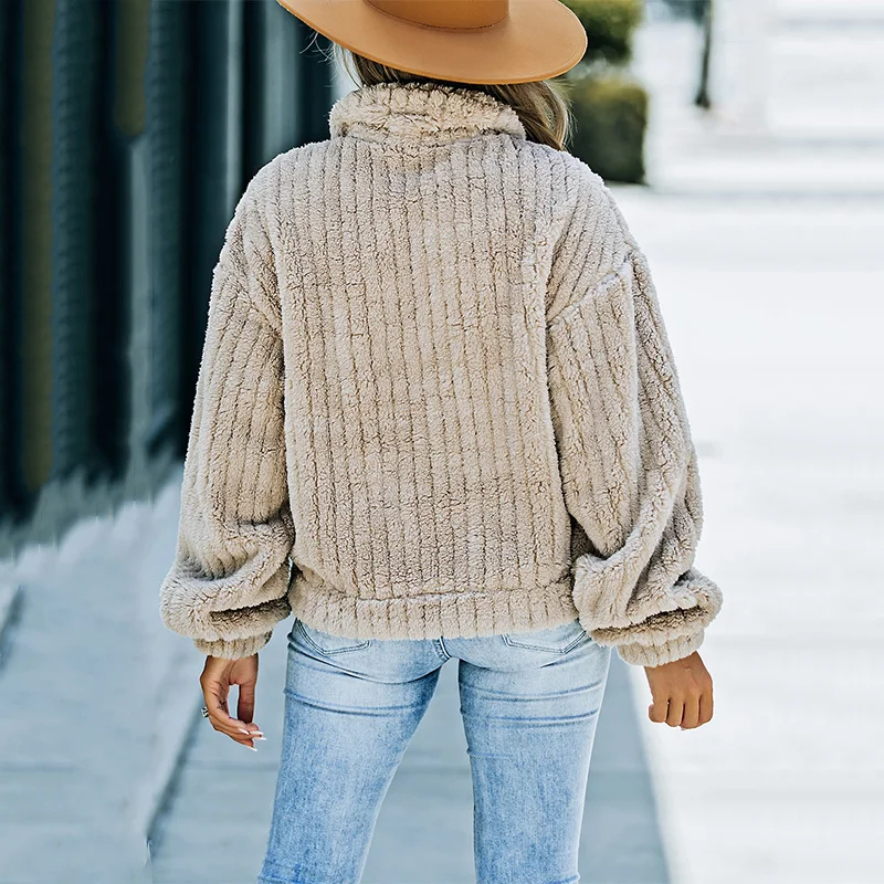 Shewin Clothing 2024 Fall/Winter Collection Casual Corduroy Plush Fleece Jacket for Women Solid Button Llama Lamb Fluffy Coat