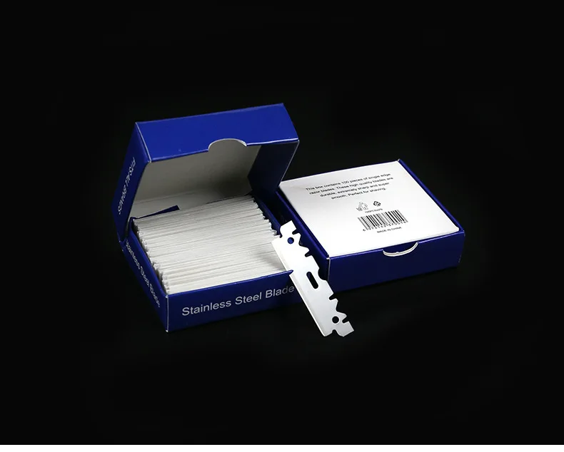 Wholesale high quality custom logo 100 pcs single edge barber razors blades for professional face Shaver with 100 blades set