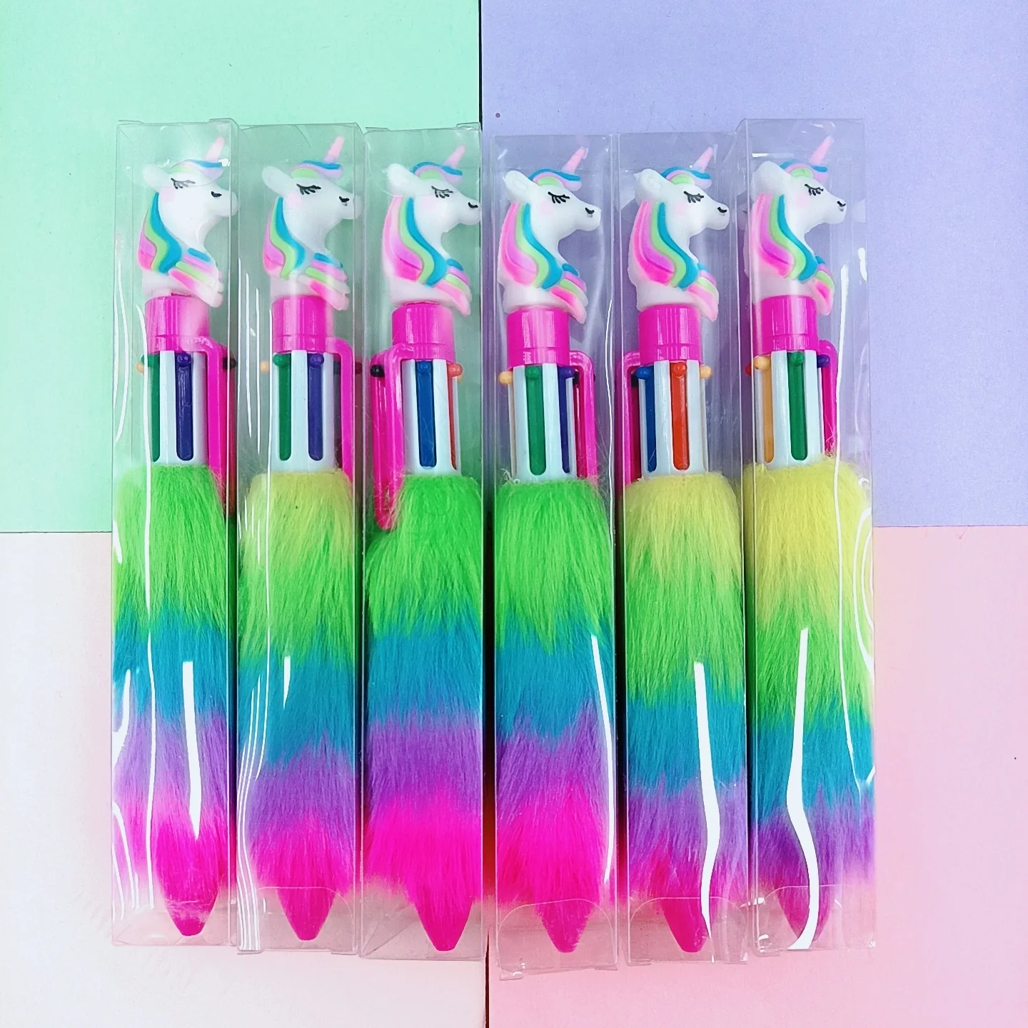 Wholesale cartoon cute rainbow plush 6 color fluffy unicorn pen for kids