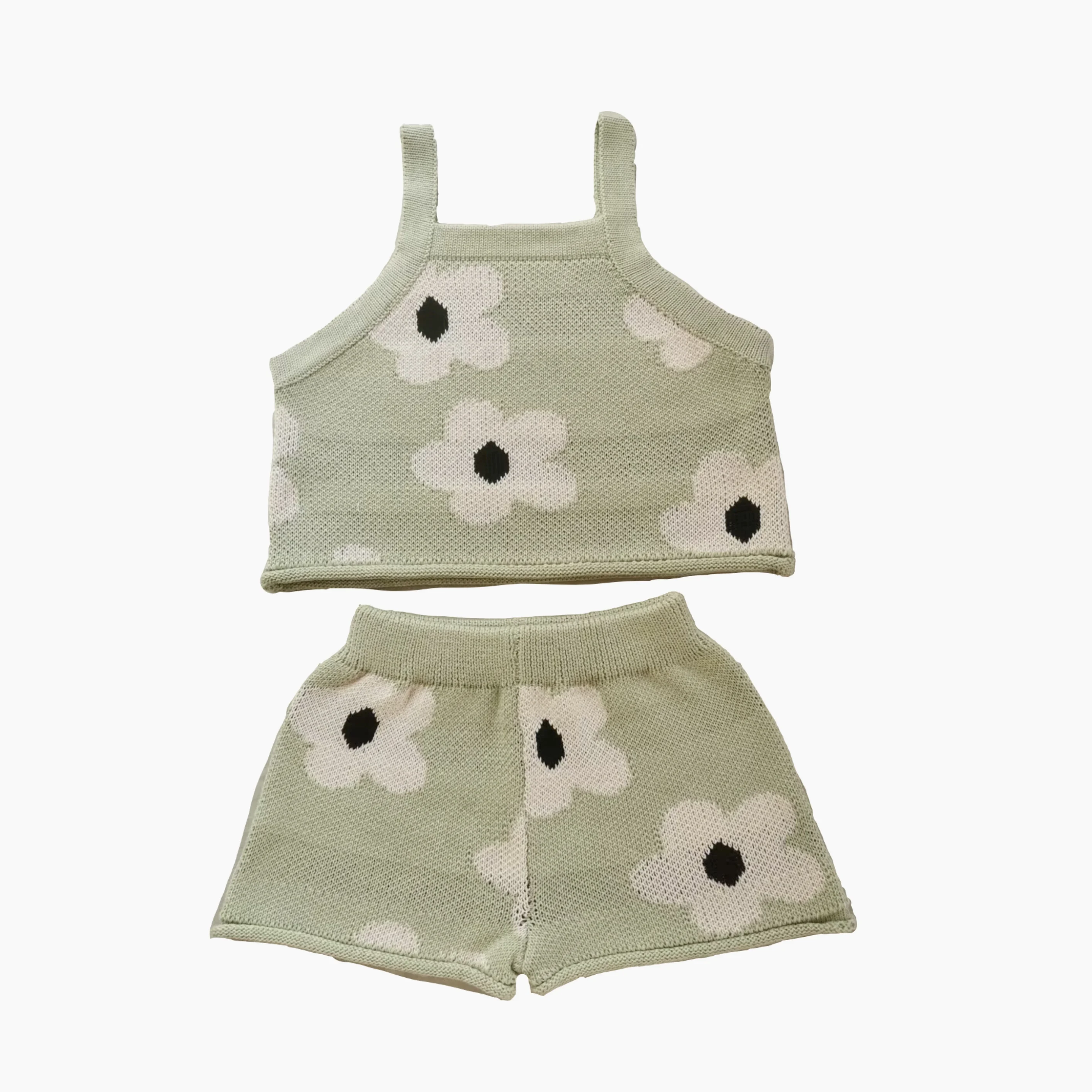 Summer Vocation Baby Girl Beach Outfit  Large Green Floral  Knitted Clothing Set 2 Pieces