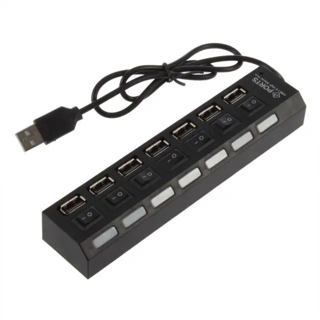 High Speed 7 Port USB 2.0 Multi Splitter Expansion Desktop HUB With LED Indicator ON/OFF Switch