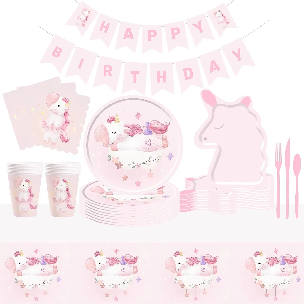 DAMAI Unicorn Birthday Party Supplies with Unicorn Banner for Girls Pink Disposable Tableware Set Plates Cups Napkins Cutlery
