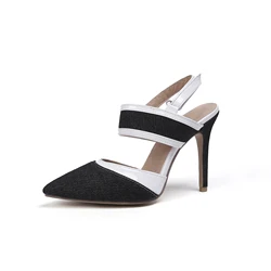 Party Sexy Patchwork High Heels Ladies Sandals Stiletto Thin Heel Pointed Toe Denim Black Blue Shoes