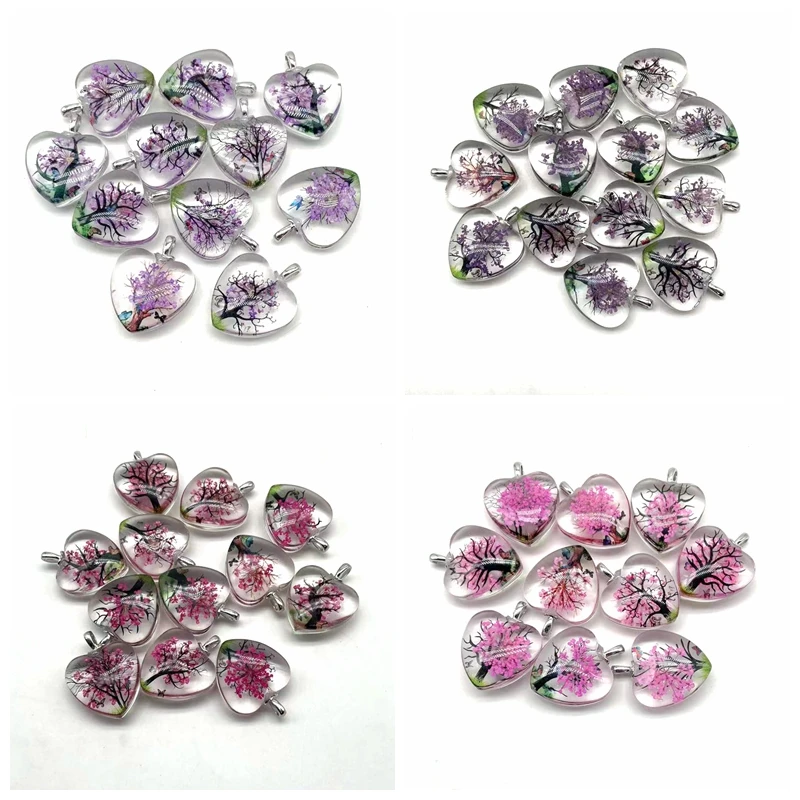 Wholesale Glass Heart Shape Pendants Dry Flower Jewelry Necklace Charm  Life Tree Key Chain Bag Lamp work Gift 25 mm