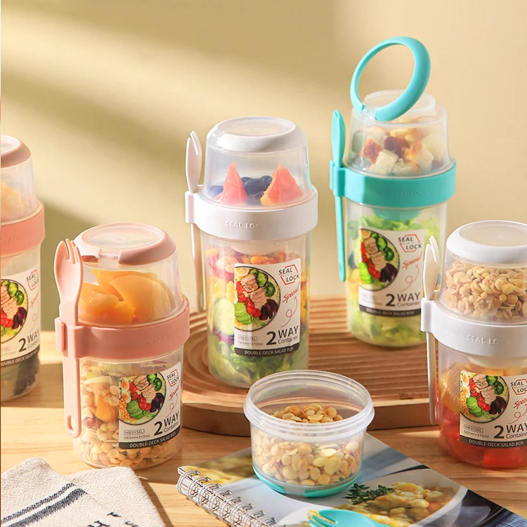 Eco Friendly Reusable Plastic Leakproof Microwave Safe Fruit Vegetable Salad Yogurt Cup Container With Fork