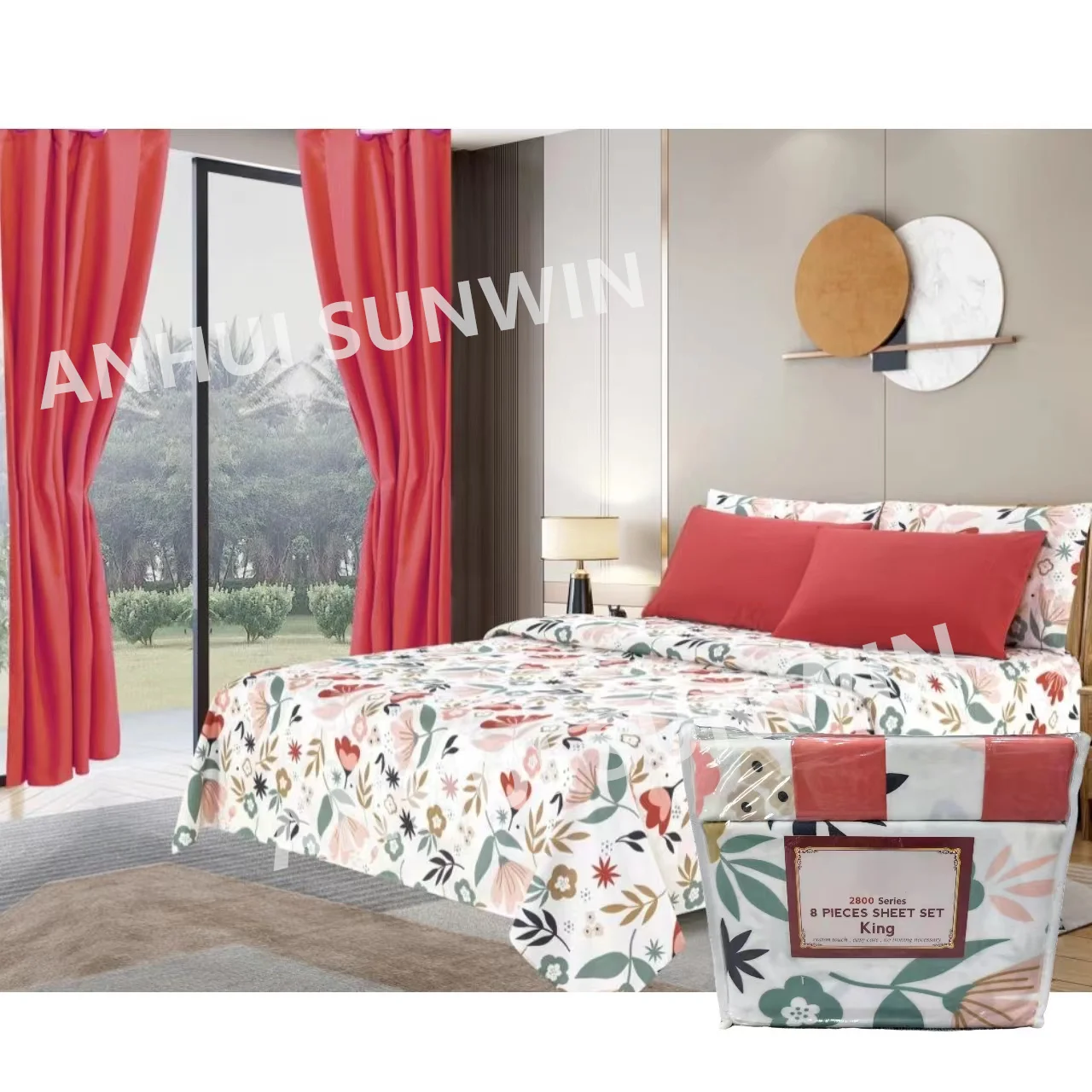 American Style King Size Microfiber 8 pcs Flower Printed Queen Bedding Sheet Set with Curtains in stock