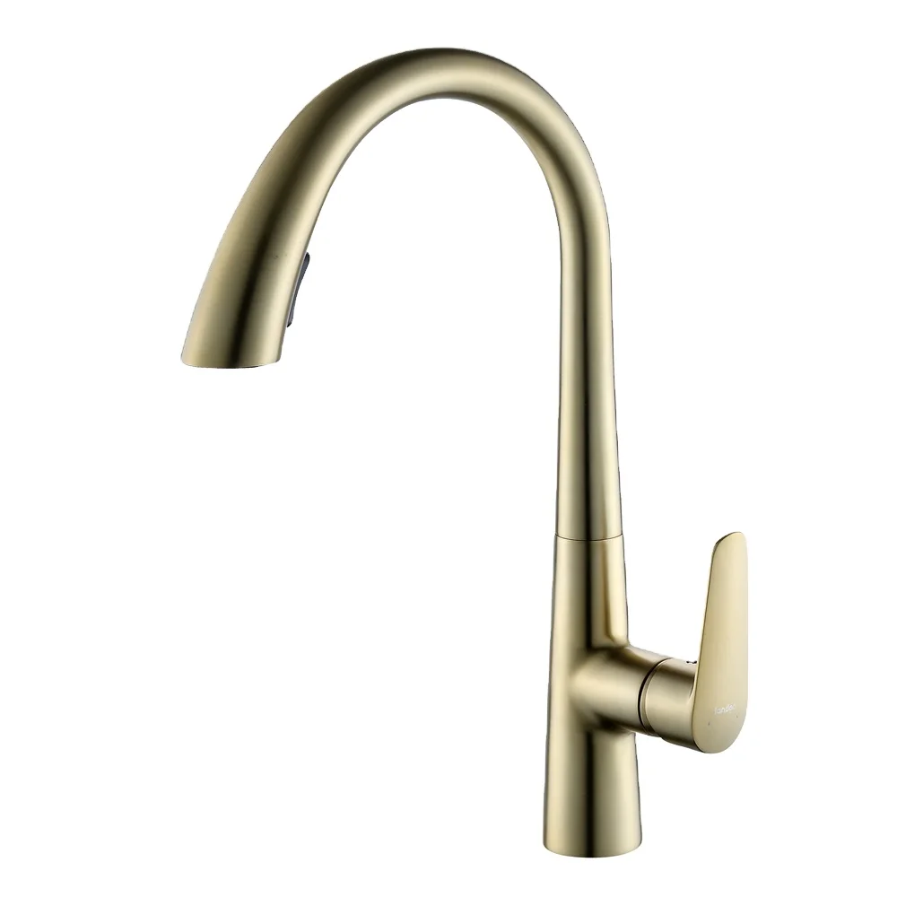 Luxury Hot Water Mixer Tap Gold  Brushed Pull Down Single Handle Single Hole Pull Out Brass Modern Deck Mounted Kitchen Faucet