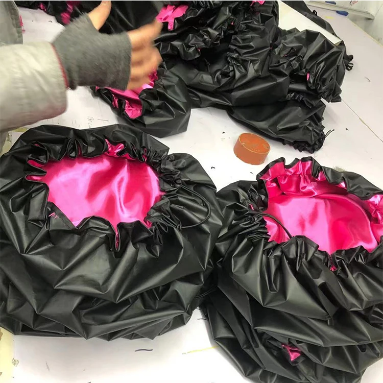 Cutom double lalyers Shower Hat Wholesale Hair Salon Bathing Hats With a stopper Adjustable