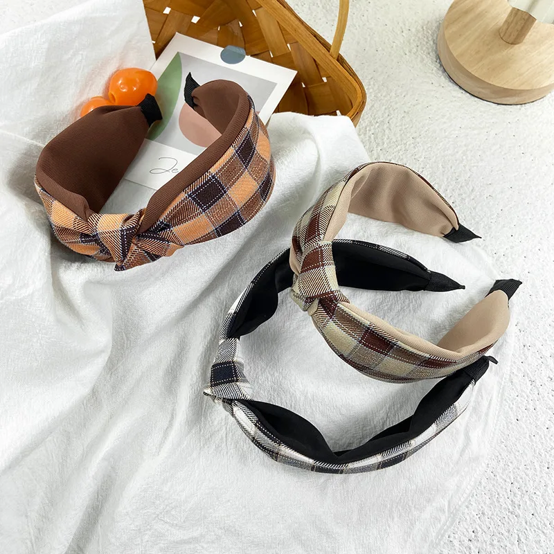 New Design Plaid British Vintage Girls Hairband Wholesale Fashion Knotted Hair Band Headband For Women