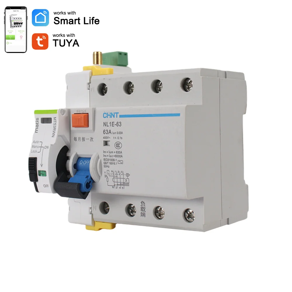 Breaker wifi 4p tuya smart wifi mcb breaker auto reset with rccb switch din rail circuit breaker tuya smart remote control
