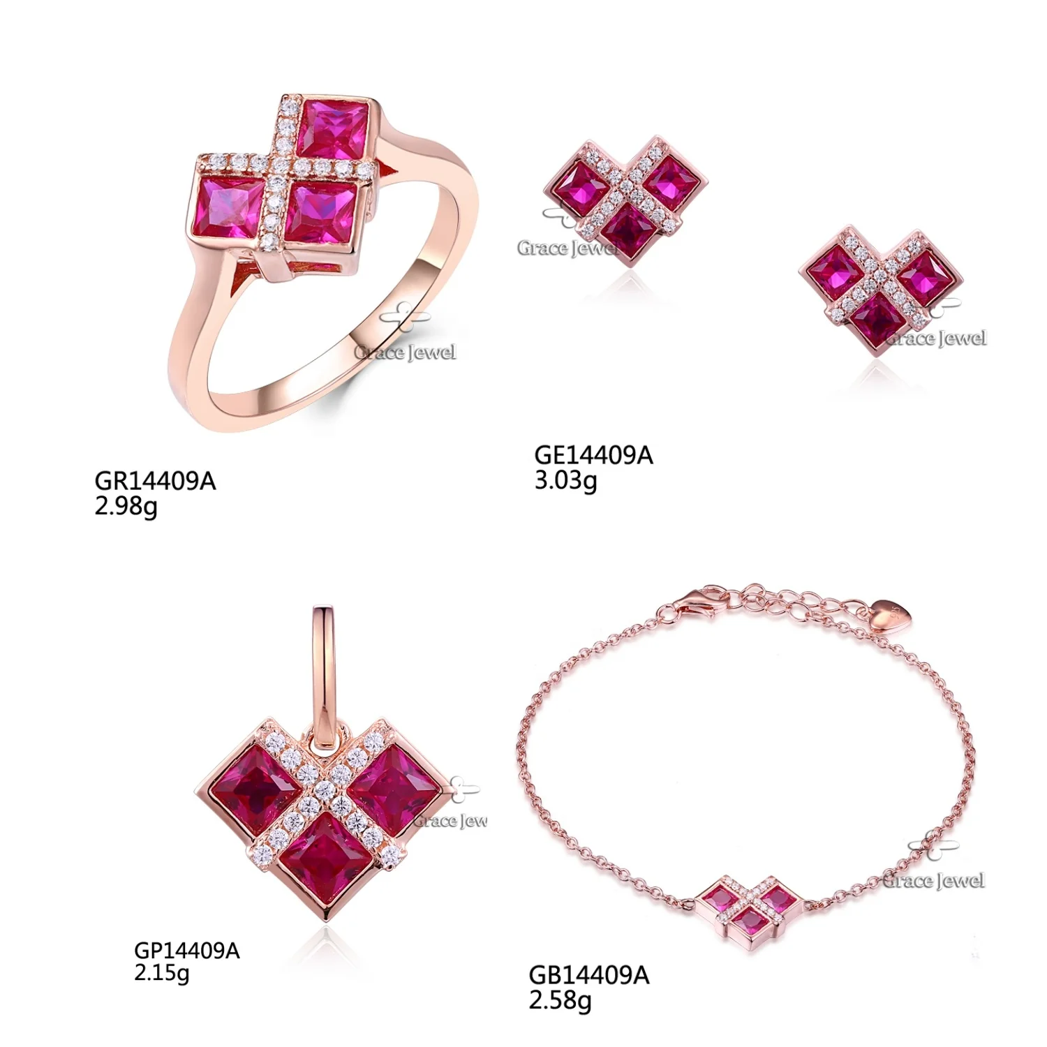 SET14409A Grace Jewelry Modern Unique Gold Plated 925 Sterling Silver Heart Ruby Ring Earring Necklace Bracelet Jewelry Set