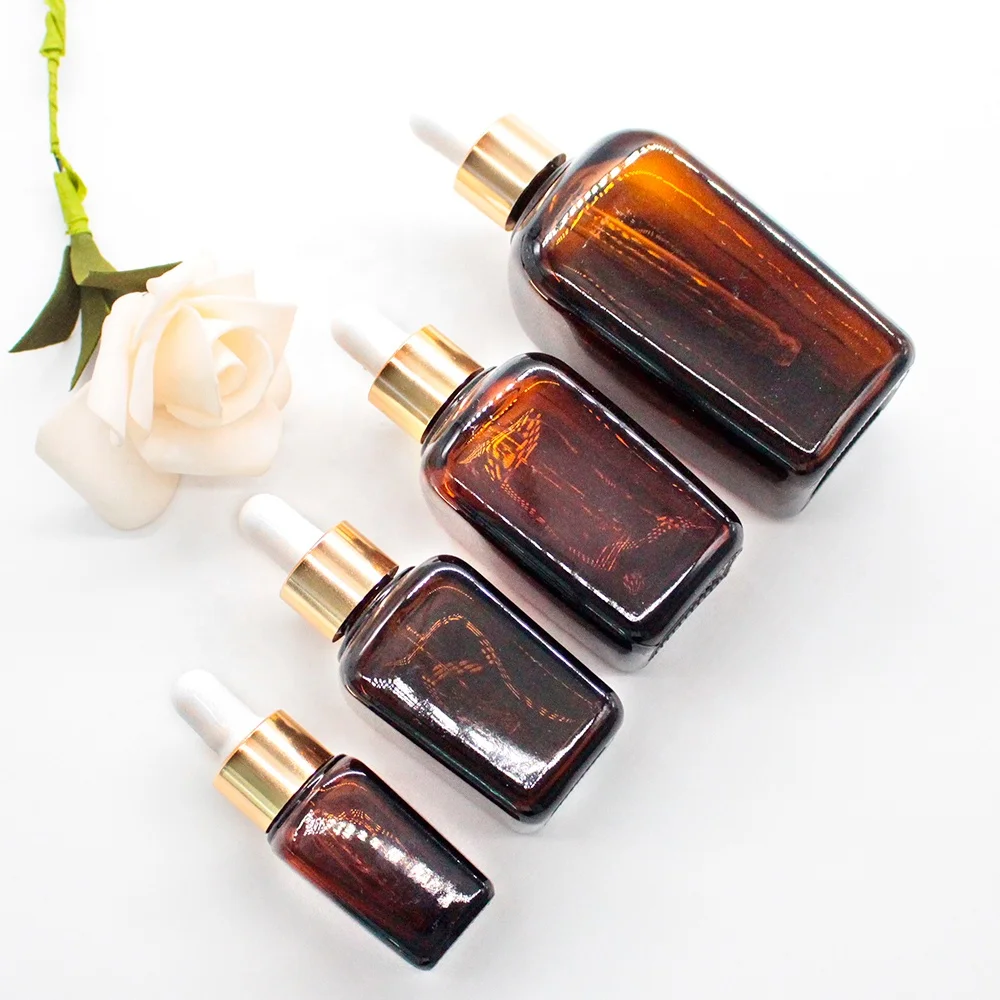 FENGJUN customizable amber square essential oil bottle glass cosmetic bottles with rubber top gold collar dropper for cosmetic