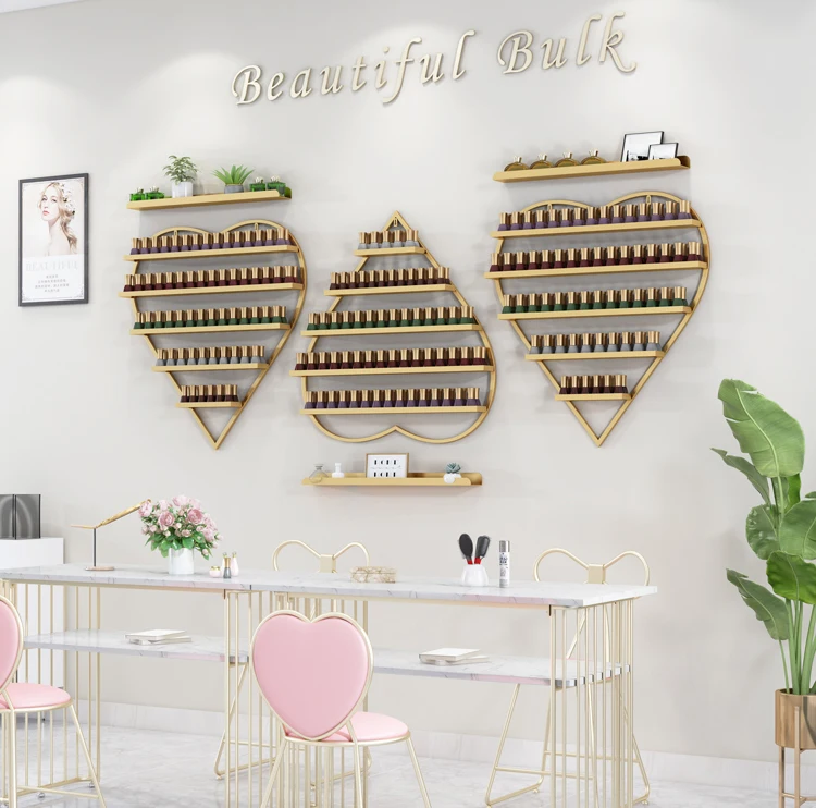 Салонная мебель, кованая железная полка для маникюра в форме сердца, настенная подвесная нано-Золотая настенная стойка, демонстрационная стойка для лака для ногтей