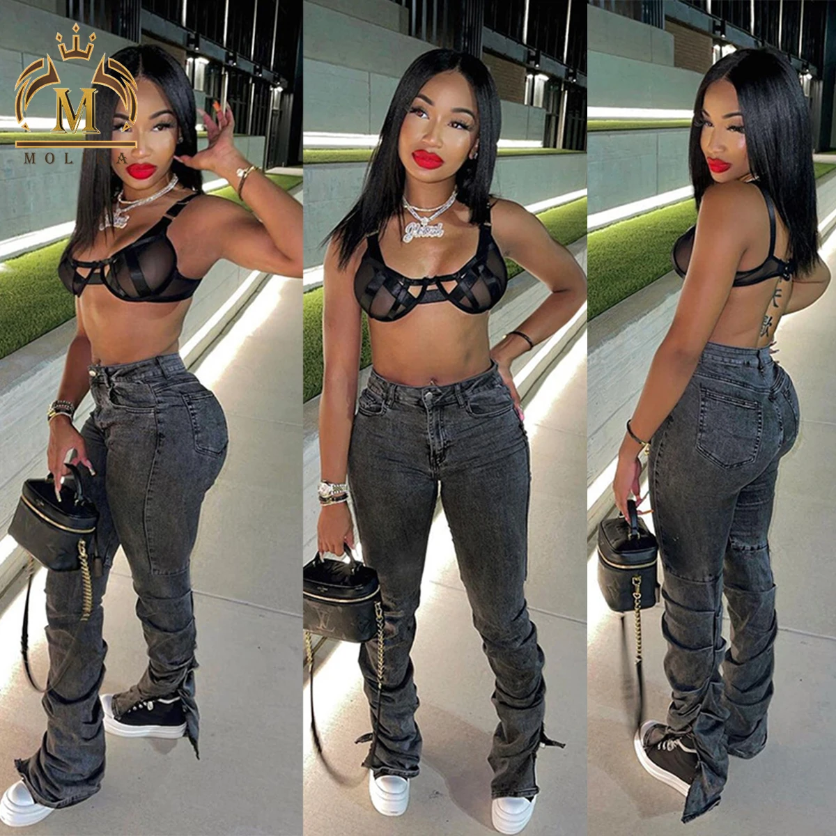 New Trendy Spring Fall Custom Street Wear Ladies High Waist Women Trousers Split Fork Stacked Long Pants Denim Jeans For Women