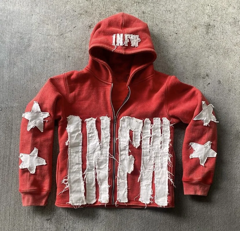 Custom Logo 450gsm Unisex Heavyweight Distressed Embroidery Cut And Sew Zipper Vintage Patch Men Acid Wash Zip Up Hoodie