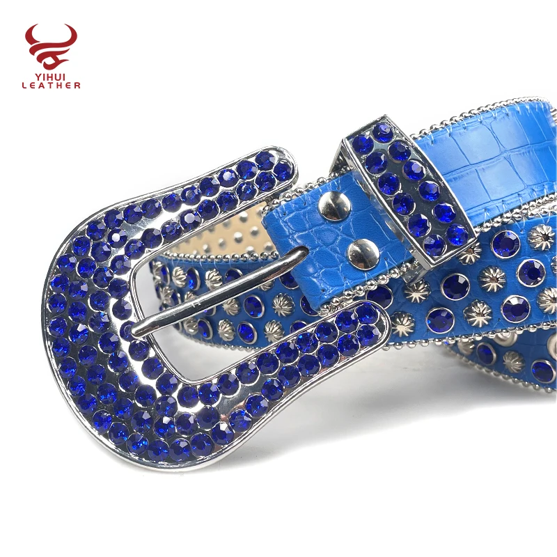 Ремень мужской из искусственной кожи с крокодиловой роскошный голубой ковбойский пояс со стразами в западном