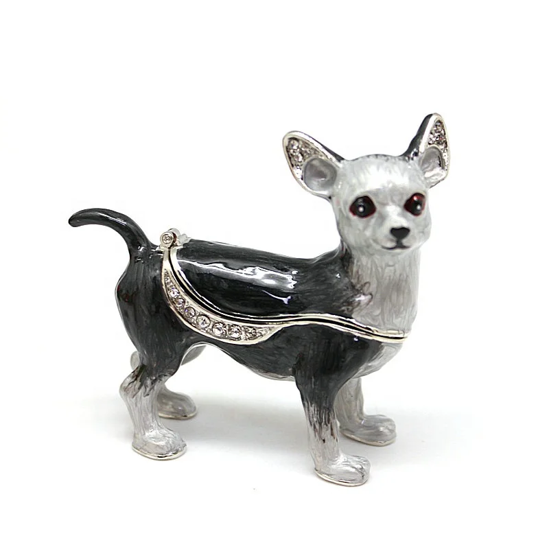 SHINNYGIFTS Pewter Dog Trinket Box Pug Chihuahua Gemstone Jewelry Box  Hinged Hand-painted Chihuahua dog Ring Hold