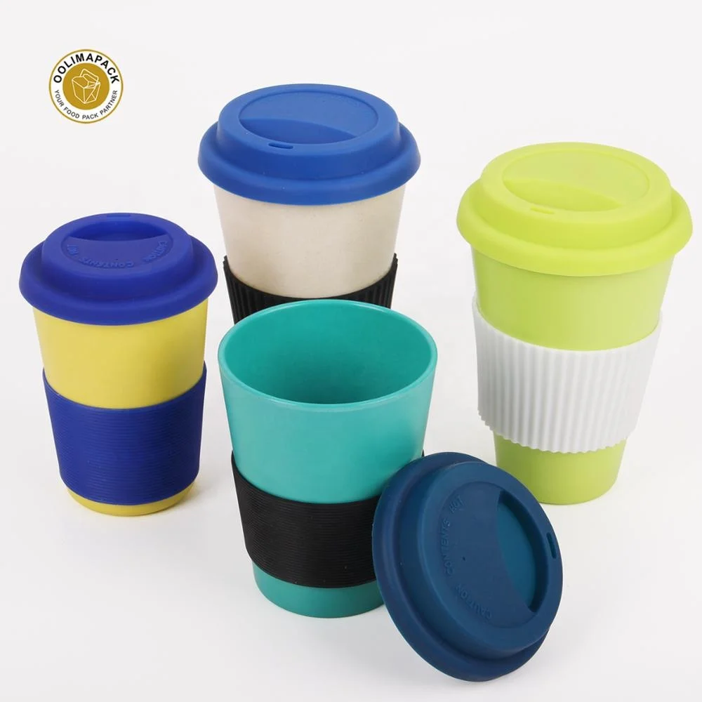 Eco-friendly wholesale colorful reusabl coffee cup 440ml bamboo fiber corn starch with silicone lid and sleeve