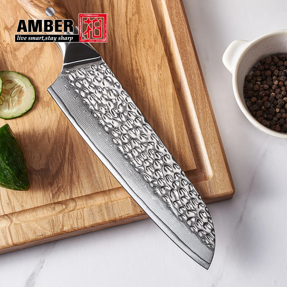 Ультра острый молоток кухонный нож из дамасской стали натуральный santoku с оливковой ручкой