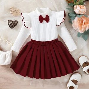 Autumn Flying Sleeve Cute Bow Top Pleated Skirt Set For Girls Clothes Pit Strip Knitted Sweater Kid Clothing Wholesale For Girls