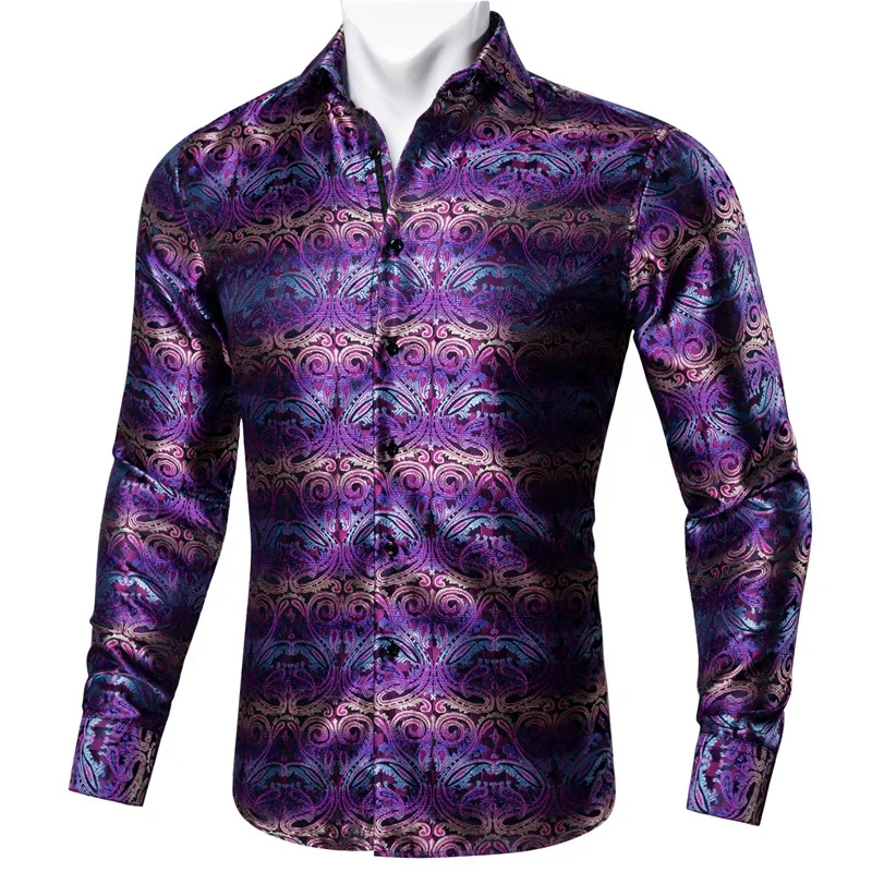 Fashion Men Shirts Silk Paisley Flower Long Sleeve Dress Shirt for Business Party Woven Silk Casual Designer