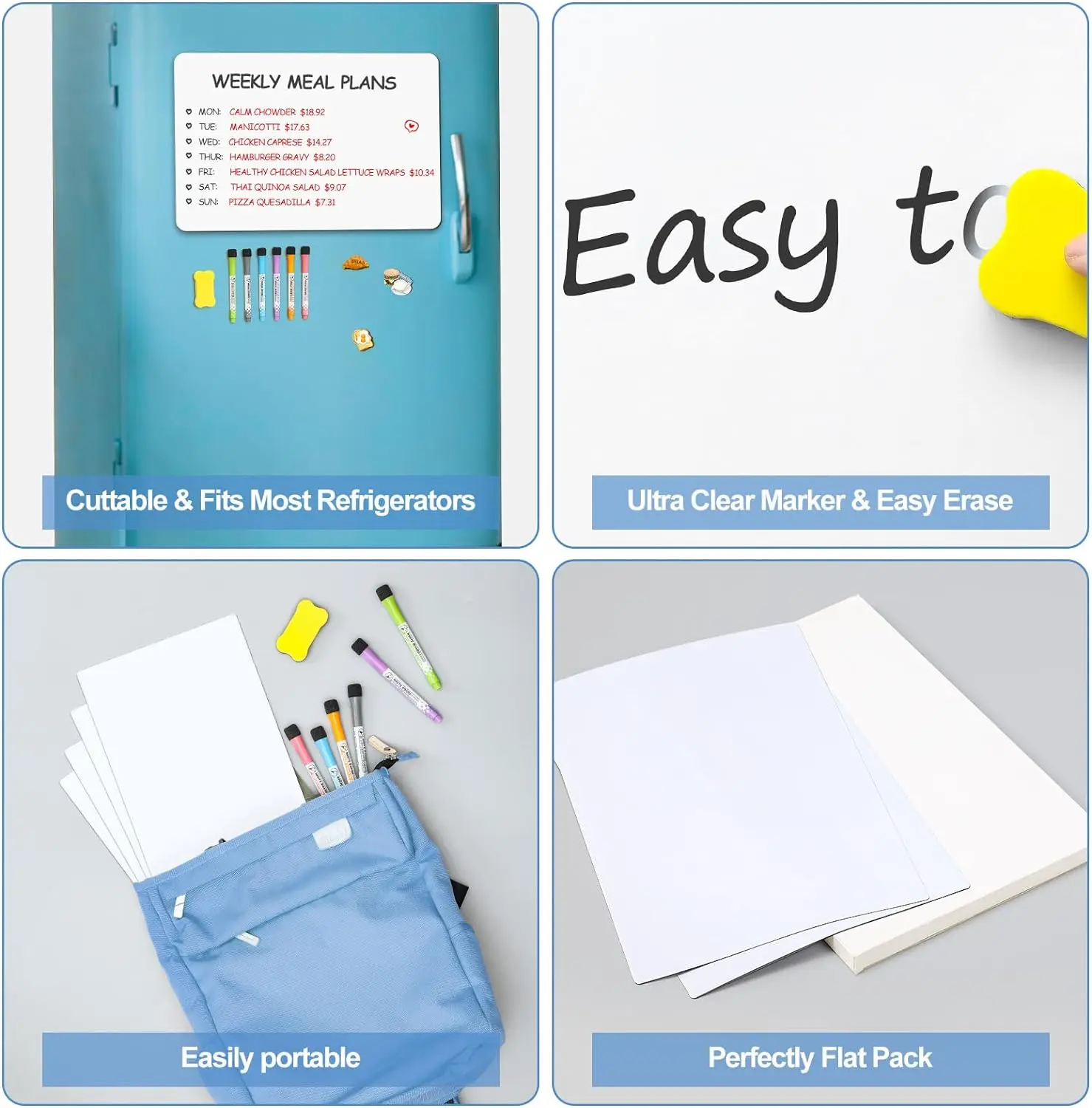 4PCS Magnetic Whiteboard for Fridge with Stain Resistant Technology, Magnetic Dry Erase Whiteboard,with 6 Markers and 1 Eraser