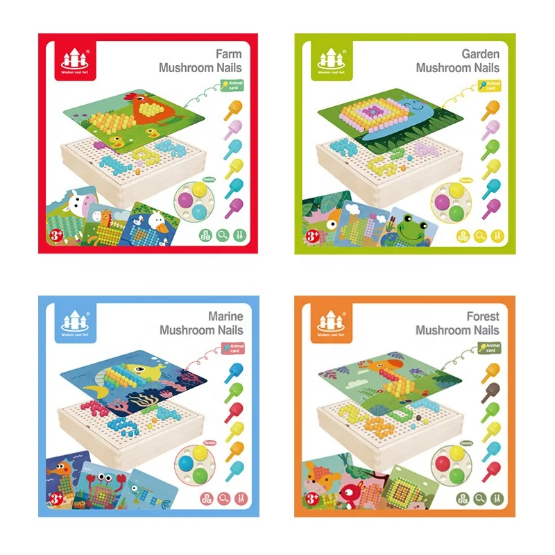 Kid Wooden Storage Box DIY Mosaic Peg Board Jigsaw Early Learning Toy Games 3D Mushroom Puzzles Set Nail Intelligent Puzzle Aids
