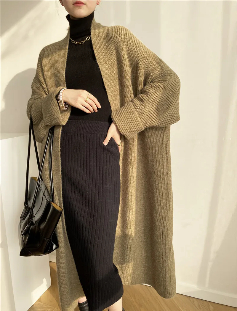 Winter thick knitted long sweaters cardigan casual loose pullover maxi knitwear plain rib midi cardigans for women