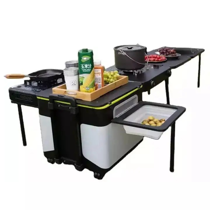 Multi-functional Integrated Bench Glamping Set Outdoor Camping Mobile Bbq Grill With Foldable Table Outdoor Cooking Set