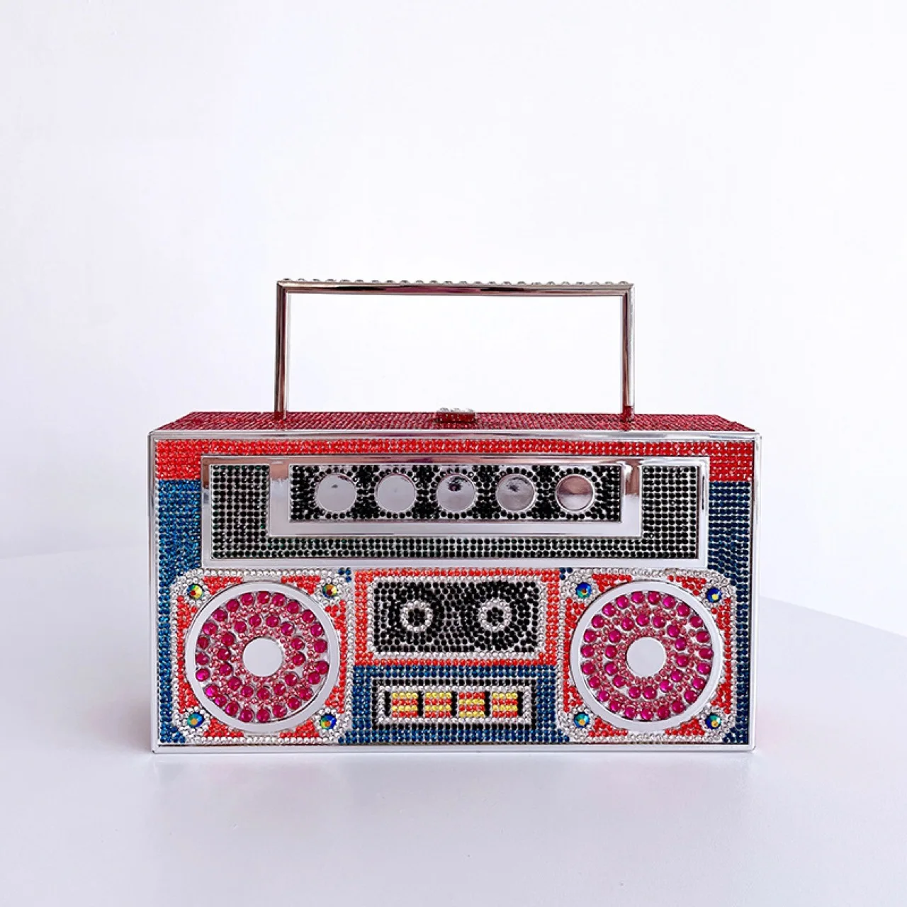 Rhinestone Metal Vintage Evening Clutch Purses Evening Sparkly Bag Party Women Retro Radio Shape Crossbody Bag