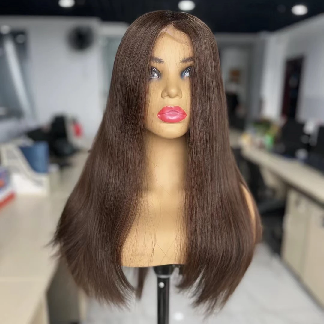 2023 wholesale human virgin raw hair woman #4 brown color silicone base full hand tied glueless alopecia patients medical wig