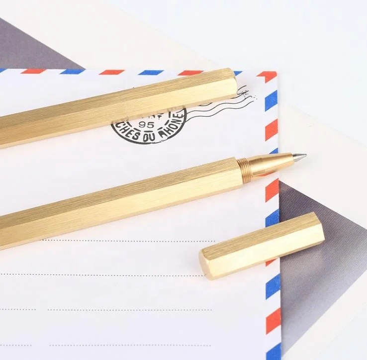Well machined hexagon brass metal ball pen roller ball pen writes smoothly and cleanly Hexagonal pen Roller ball with Black Gel