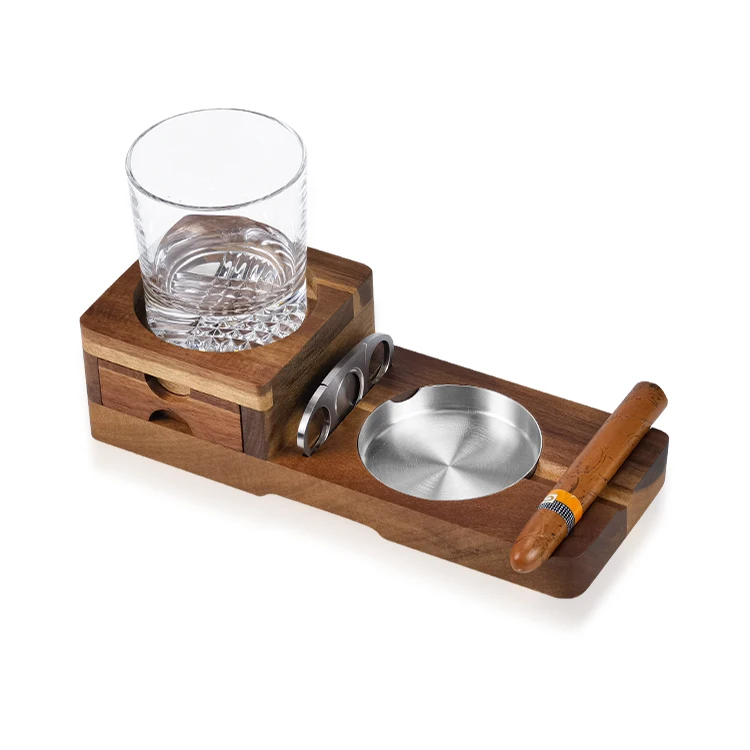 Personalized Custom High Quality Luxury Wooden Cigar Ashtray Heavy Base Lead Free Whiskey Glass Set With Cutter