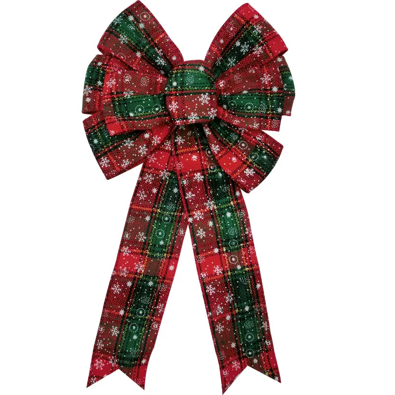 22*40cm Green /Red Burlap Tartan Ribbon With White Snowflake Wired Christmas Tree Topper Bow