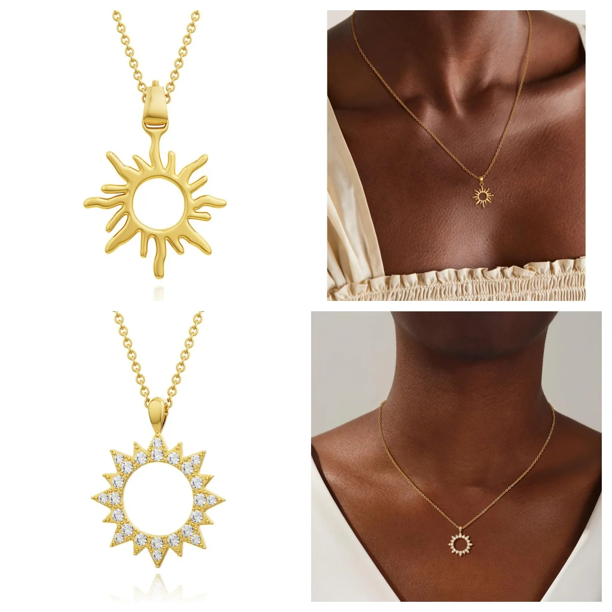 Minimalist Non Tarnish 18k Gold Plated Jewelry Hypoallergenic Double Layer 925 Silver Zircon Moon Sun Flower Necklace for Women
