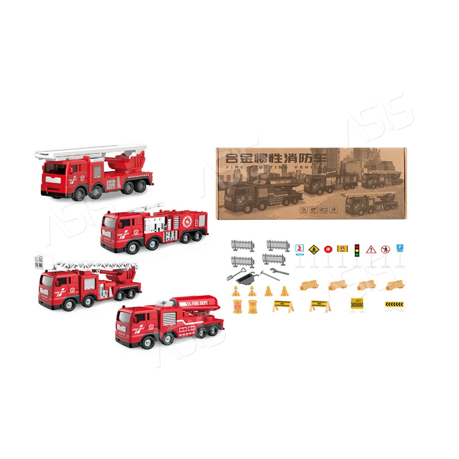 Pretend Play Toy Cars Alloy Hoist Crane Friction and Sliding Fire Fighting Vehicle Set With Warning Sign Series