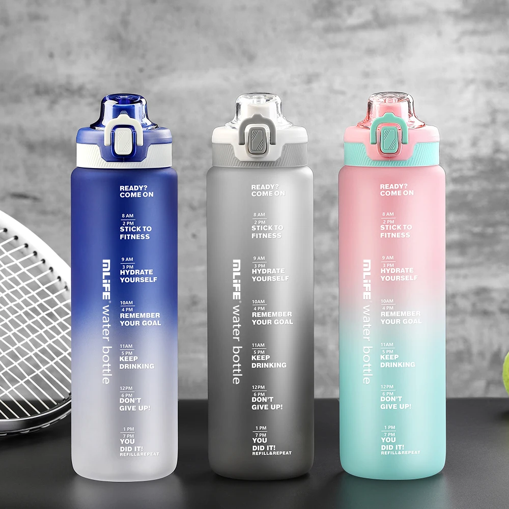 1000ML Motivational Sports Gym Plastic Water Bottles 1 Liter fitness Drinking sport tritan bottle with straw and time marker