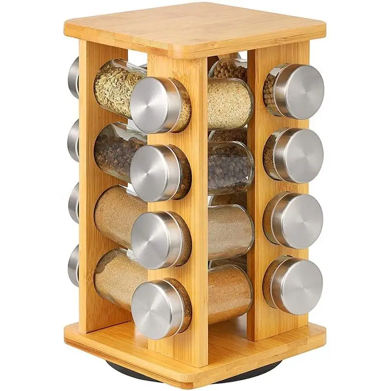 Kitchen 16 Bottle Spice Rack Rotation Spice Organizer Countertop Rack Custom Revolving Bamboo Spice Rack