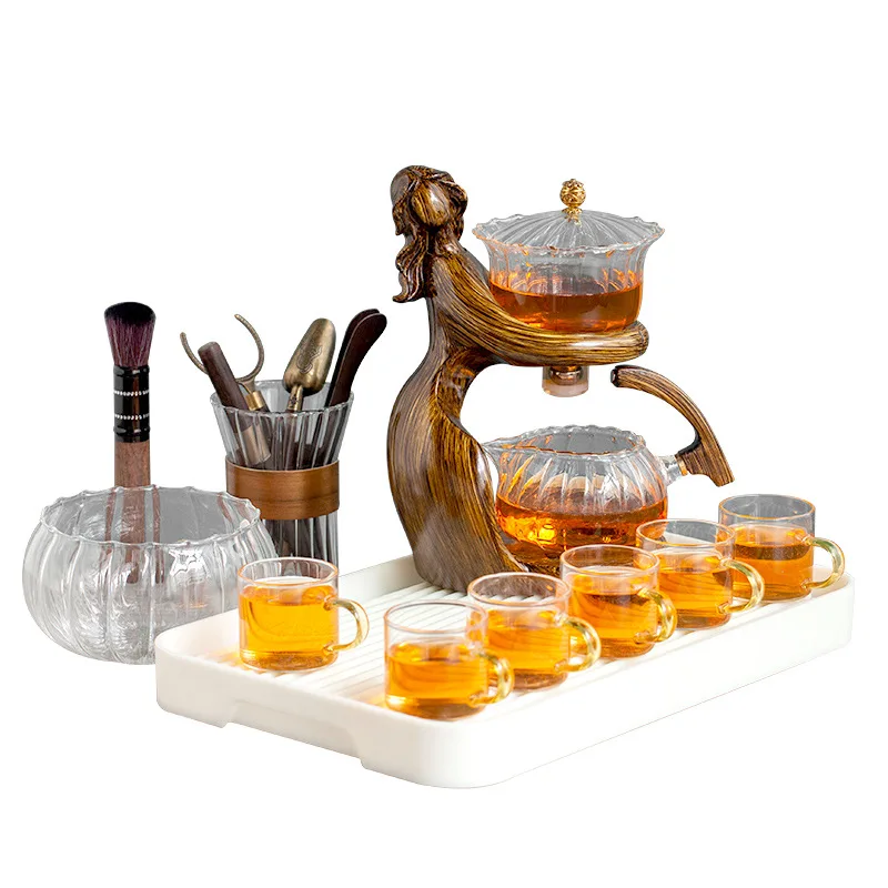 Creative Lady magnetic induction teapot Glass Set Tea maker with Infuser Semi Automatic Kungfu Tea Set with 6 Small Cups