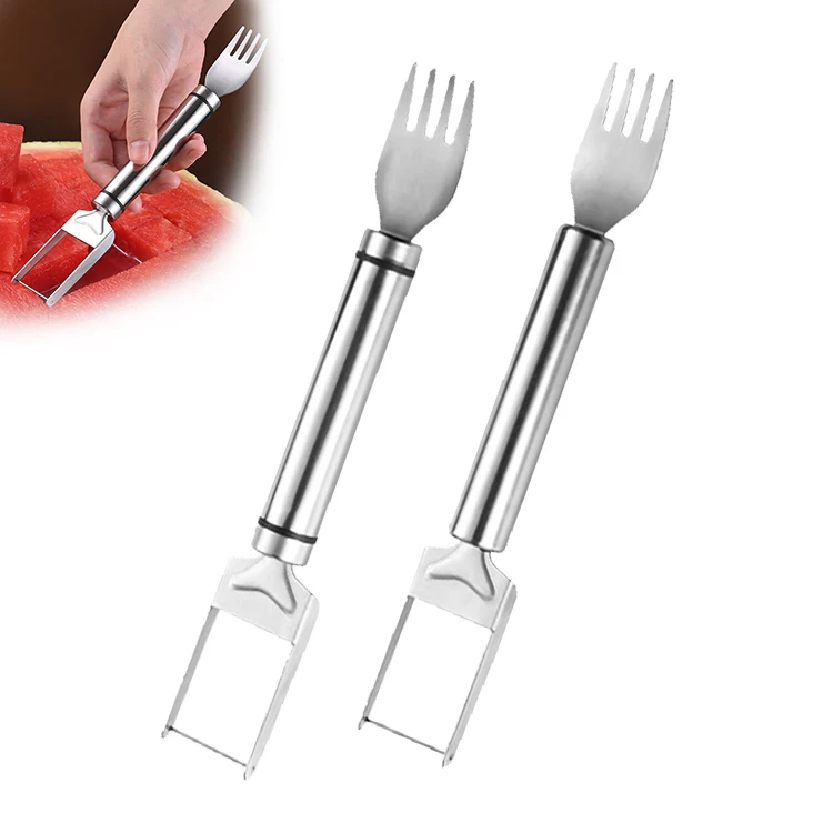 2024 New Arrival Dual Head Stainless Steel 2-in-1 Fruit Cutter & Watermelon Fork Slicer Knife Home Kitchen Gadget