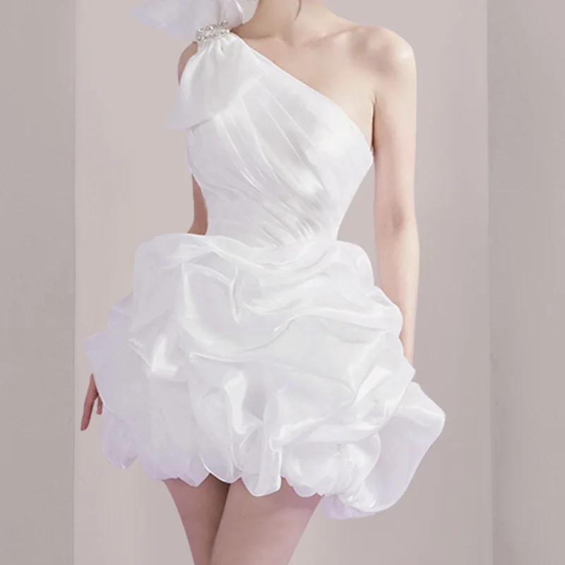 Elegant Single Shoulder Bow Blossom Skirt Sexy Open Back Waist Dress