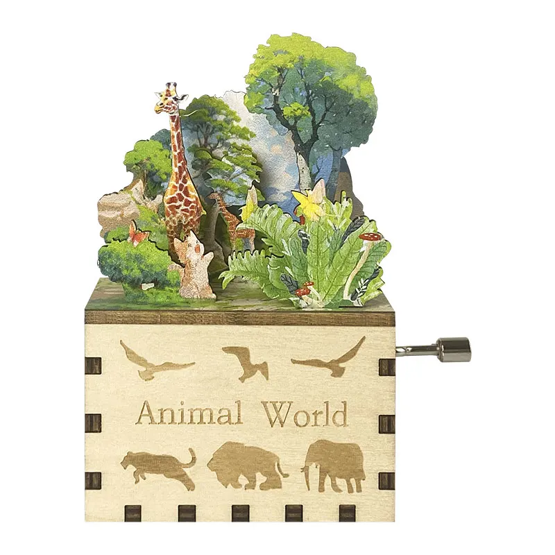 Custom Colorful Music Box Mini Animal World 3D Wooden Puzzle Hand Crank Music Boxes Festival Creative Toy for Kids