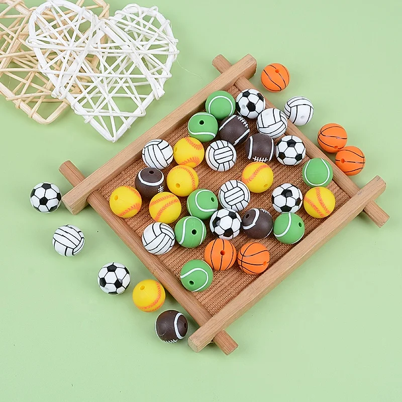 Hot Fashion Sport Style 100% Food Grade Silicone Chewable Necklace Teether Silicone Tennis Volleyball Soccer Teething Bead