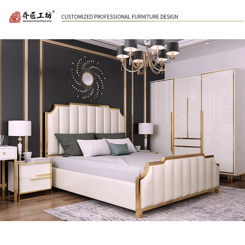 Comfortable Bedroom Furniture Luxury Bed italian Modern Leather Bed Metal Leg Double King Size Bed With High Headboard