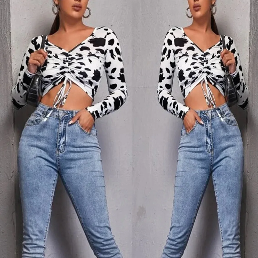 Customize Women Tops Shirts Cow Print Blouse V-neck Pleated Tops Ladies Lace Up Long Sleeve T-shirt Drawstring Ruched Crop Top