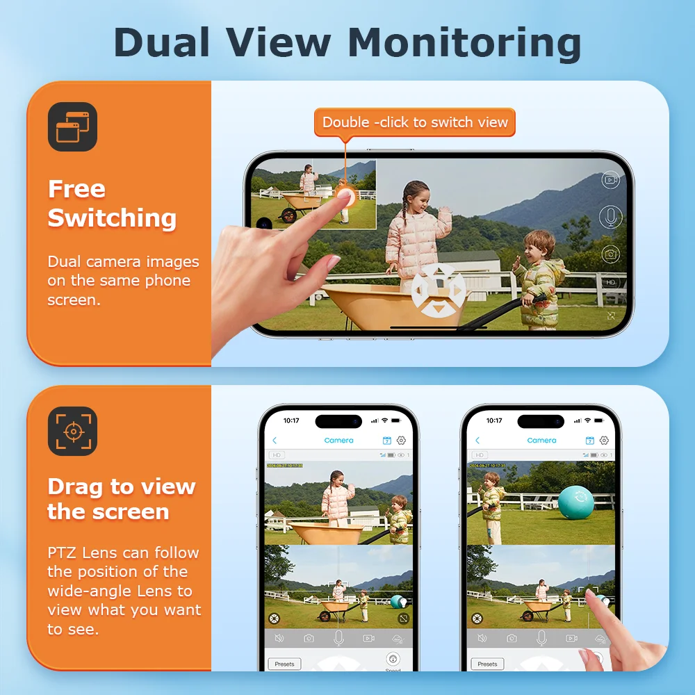 Factory  Dual Lens 6MP Wireless Solar Powered Panel 4G IP PTZ Camera Eseecloud 3K Outdoor 4G Sim Card CCTV Solar Security Camera